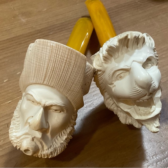 Meerschaum: O Mighty Lion and Sultan sepiolite vintage hand carved duo pipe set. - Picture 2 of 16